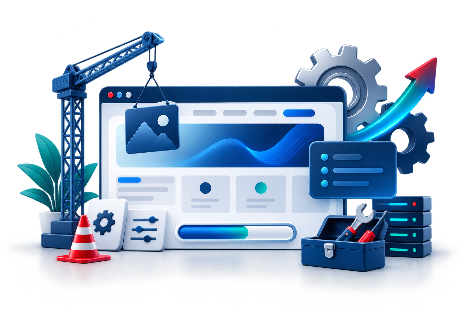 Representação de um site sendo atualizado com ferramentas e componentes digitais